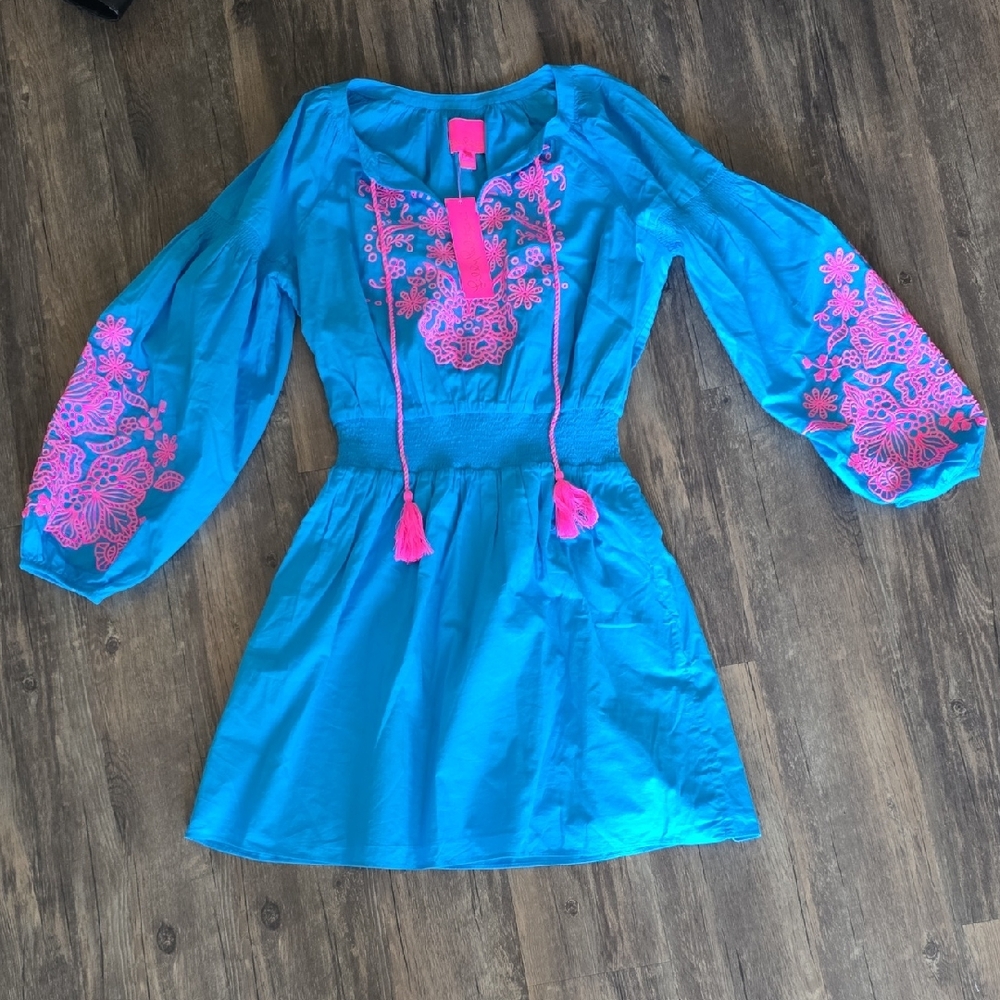 Lilly Pulitzer Blue and Pink Bishop Sleeve Sundress